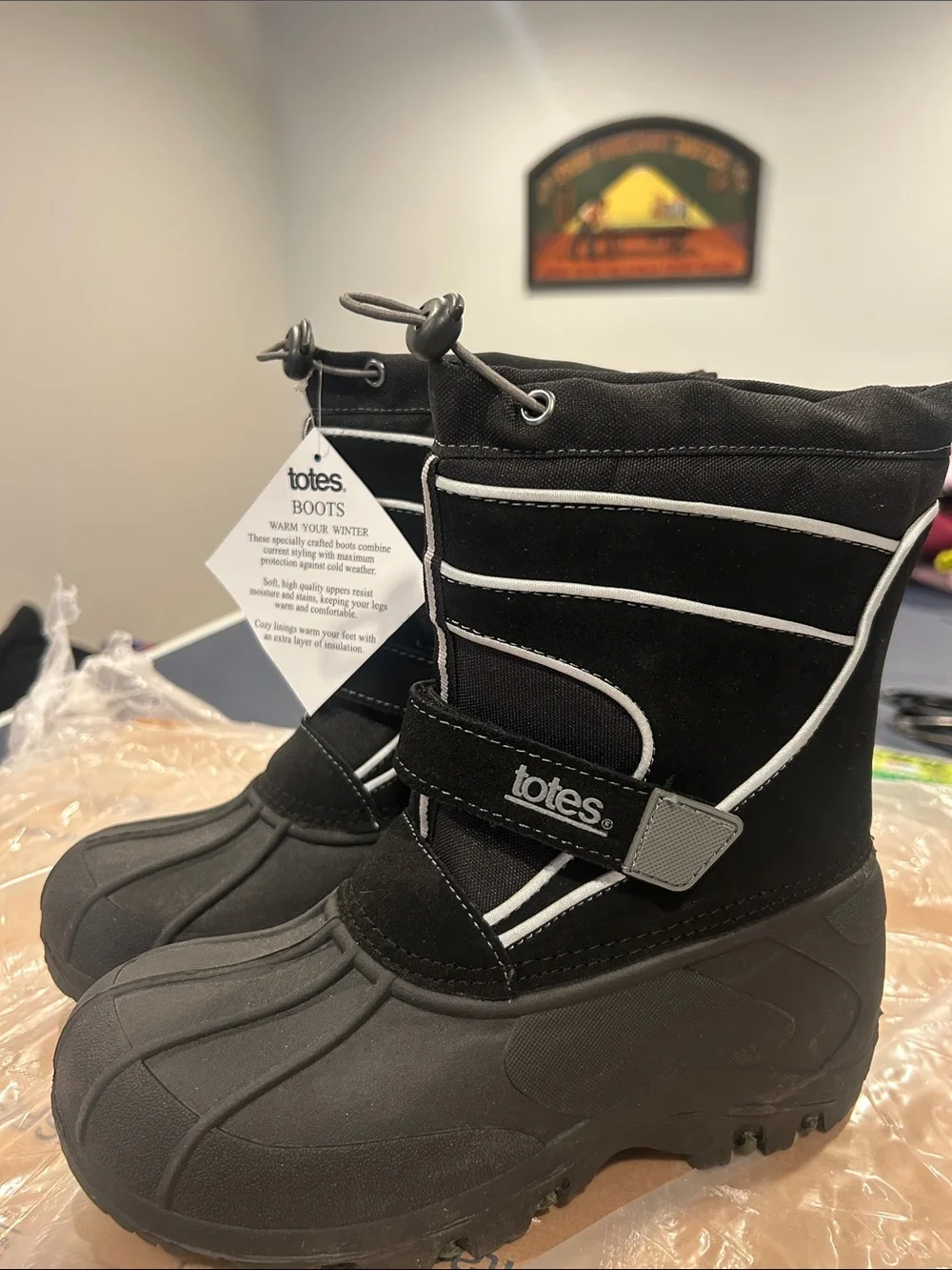 totes Kids Black Waterproof Snow Boots with White Trim